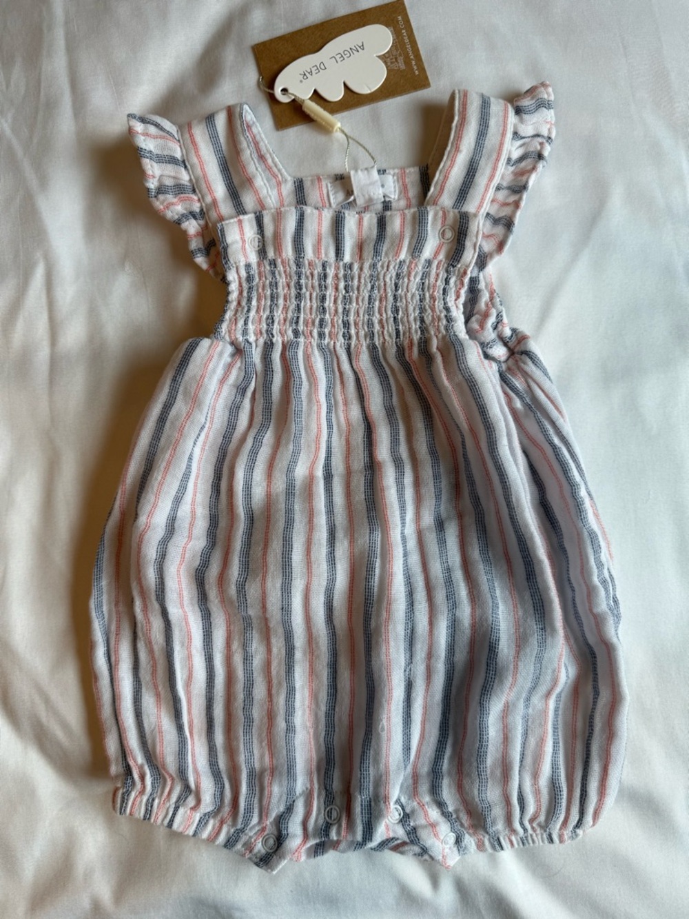 Angel Dear Striped Baby Romper in White, Blue & Coral NWT